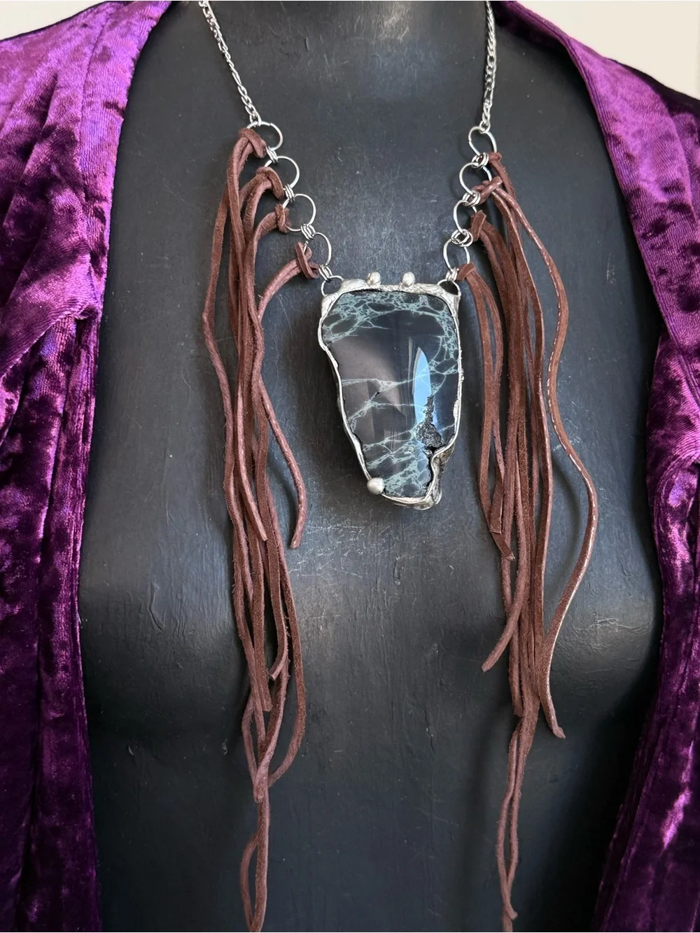 Spiderweb obsidian statement Fringe Necklace southern gothic boho jewelry